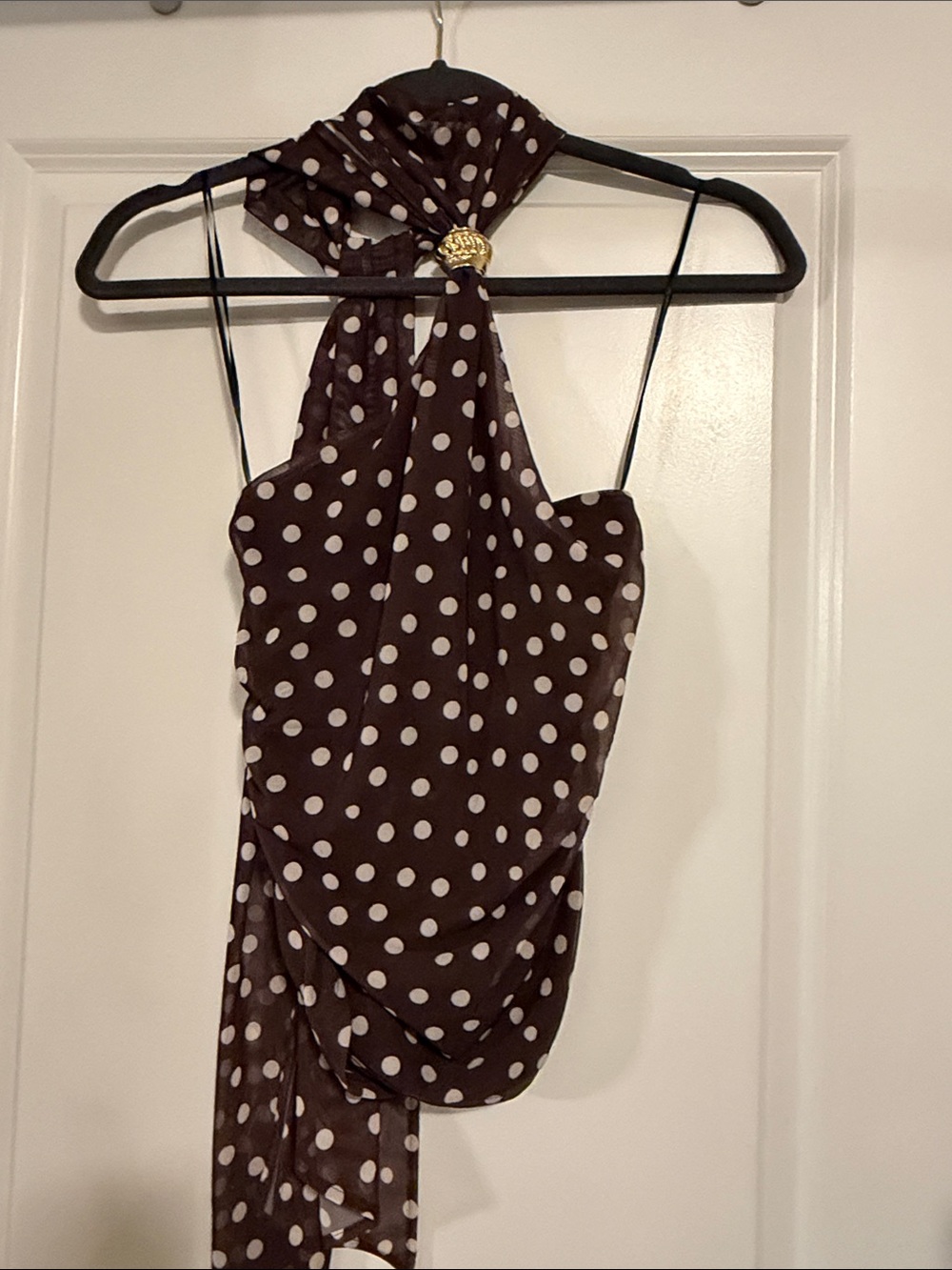 H&M Brown and White Polka Dot Halter Scarf Top
